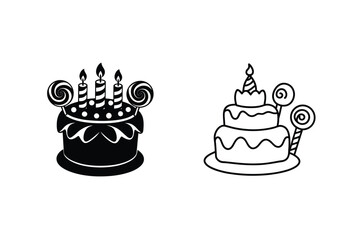 Birthday Cake Icons Silhouettes, Candles, Lollipops, Celebration, Party