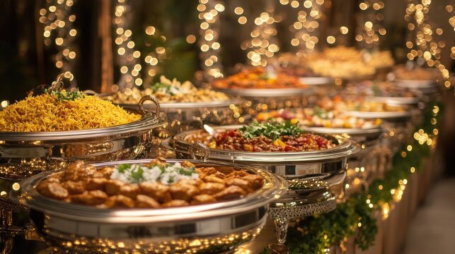 A vibrant Eid dinner buffet featuring large silver chafing dishes filled with fragrant curries