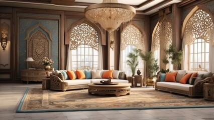 Luxurious hotel lobby with ornate wooden ceilings