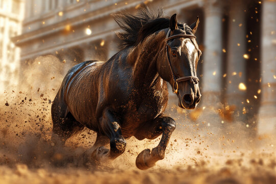 Powerful Horse in Full Gallop Through Dusty Terrain 