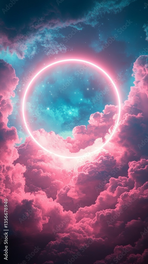 Poster A captivating display of swirling, colorful clouds envelops a radiant orb in a mystical sky, creating a serene yet powerful ambiance under a cosmic twilight
