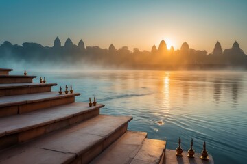 sunset over the river and indian temple