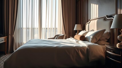 Fototapeta premium Cozy luxury bedroom with elegant decor, soft pillows, and warm sunlight filtering through curtains. 
