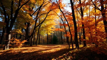 Fototapeta premium Beautiful autumn forest scene with vibrant colors and sunlight illuminating a peaceful winding path. 