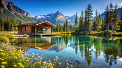 Serene Lakeside Cabin Retreat Nestled Amongst Majestic Mountains and Lush Greenery Reflecting Tranquility in Crystal Clear Waters