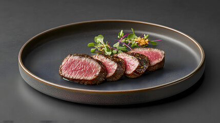 Succulent Medium-Rare Filet Mignon Slices Presented on Elegant Black Plate with Fresh Garnishes