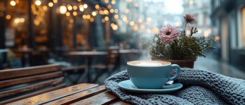 Cozy Latte Art in Blue Cup on Wooden Table with Knitted Scarf and Pink Flower Pot at Cafe Window
