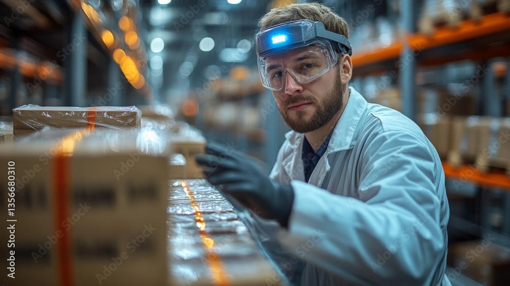 Poster A warehouse worker in protective gear focuses on sorting packages for timely fulfillment while ensuring inventory is organized in a busy distribution center.