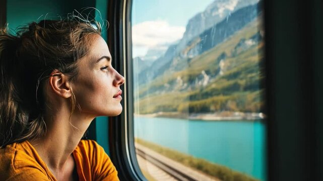 A female traveler looking through the window as the train passes a picturesque mountain range.