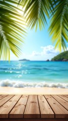 Fototapeta premium Top of wood table with seascape and palm leaves, blur bokeh light of calm sea and sky at tropical beach background. Empty ready for your product display montage