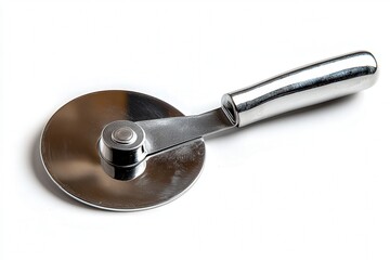 Sleek stainless steel pizza cutter on white background.