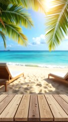 Fototapeta premium Top of wood table with seascape and palm leaves, blur bokeh light of calm sea and sky at tropical beach background. Empty ready for your product display montage