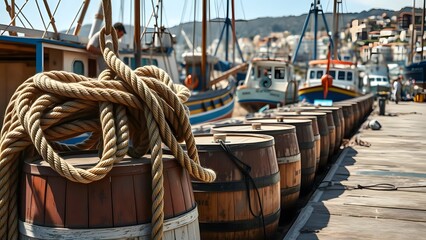 A rustic harbor scene with boats, barrels, and rope along the dock.   