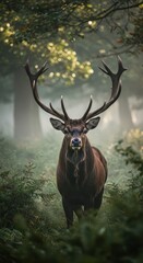 Fototapeta premium Majestic Red Deer Stag in Misty Forest