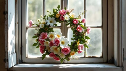 Fototapeta premium Colorful floral wreath on a sunny window, adding charm to the decor. 