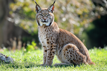 Fototapeta premium Majestic Eurasian Lynx bathed in warm golden sunset light amidst a tranquil meadow generative AI creation
