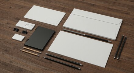 Blank stationery set mockup on a wood surface