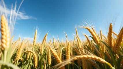 Obraz premium Golden wheat field under a clear blue sky, showcasing nature's beauty and agricultural abundance. 