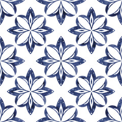 Watercolor decorative Mediterranean tiles elements pattern. Ornamental design for wrapping paper, textiles, postcards, stationery, borders