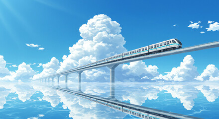 A train on the blue sky, surrounded by white clouds, reflection in water, anime style, high resolution, high detail, 2d art, masterpiece 