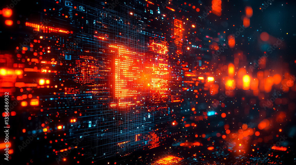 Poster vibrant array of illuminated pixels in red orange and blue hues with central light source casting gl