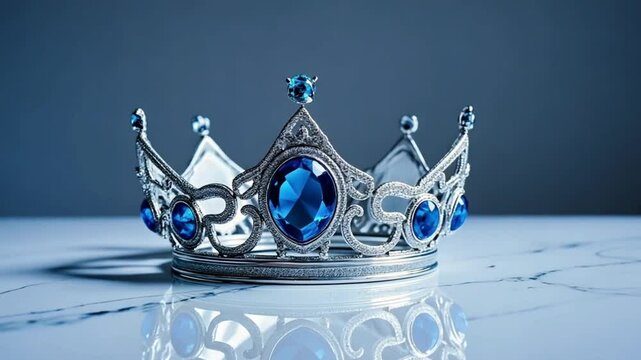 Crown - Regal crown adorned with sparkling blue diamonds against a serene light blue backdrop, exuding opulence and luxury, for beauty contest queen of magic crystal tiara