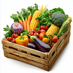 Wooden box with fresh vegetables on white background