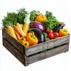 Wooden box with fresh vegetables on white background