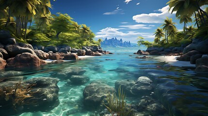 Tranquil Tropical Paradise: Crystal Clear Waters and Lush Palm Trees