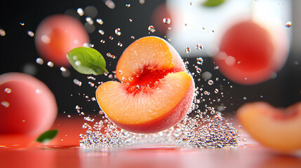 Juicy Peach Slices with Water Splash on Red Background