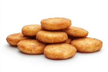Golden-brown crispy chicken nuggets stacked on a white background.