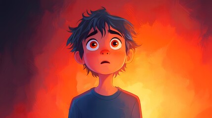 Boy Gazes at Fiery, Orange Background