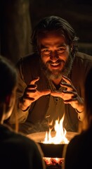 Mysterious Man by the Fire: A captivating scene of a bearded man telling a story around a campfire, creating an atmosphere of intrigue and warmth.