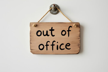 Rustic wooden sign displaying 'out of office' message conveys absence concept