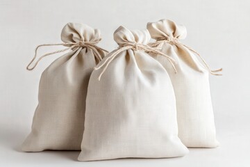 Three drawstring canvas bags on a light background.