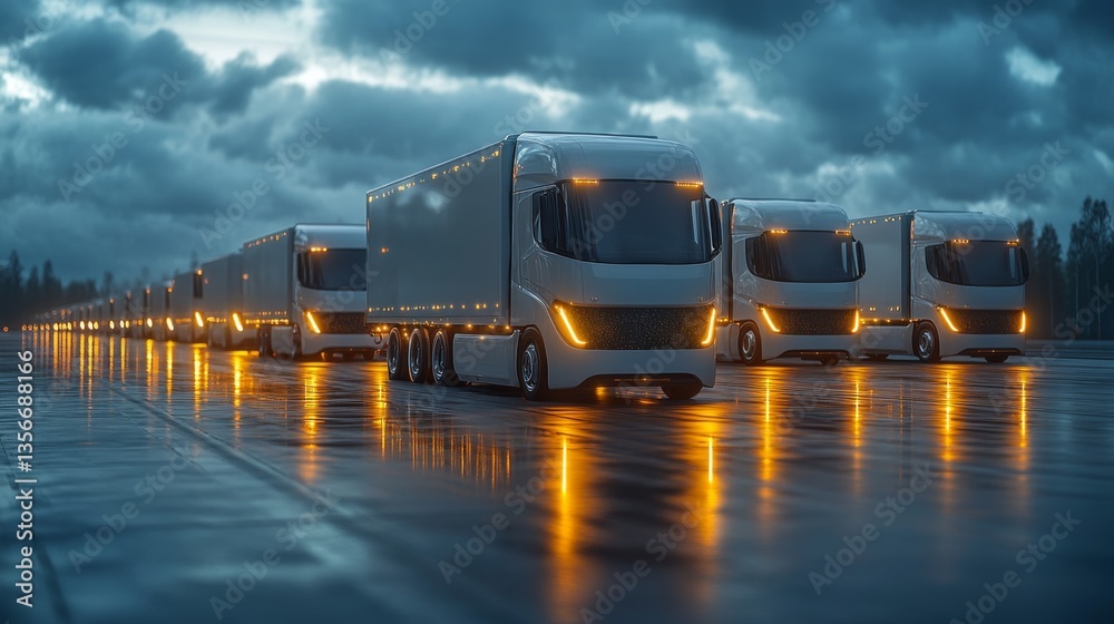 Poster numerous trucks are parked in a neatly organized row at a logistics hub during twilight, highlightin