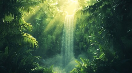 Obraz premium Majestic Waterfall Cascading Through Lush Jungle Surrounded by Vibrant Greenery and Tropical Flora