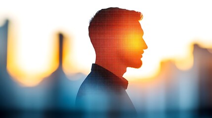 Silhouette of a man at sunset, cityscape background.