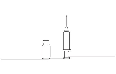 One continuous line drawing of medicine set with syringe and vial, Pharmaceutical components and vaccine symbol in a simple linear style editable stroke.