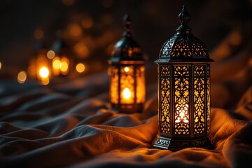 Obraz premium Elegant lanterns with intricate designs emitting warm light, placed on soft fabric. Bokeh lights in the background enhance the cozy, festive atmosphere. Ai generative