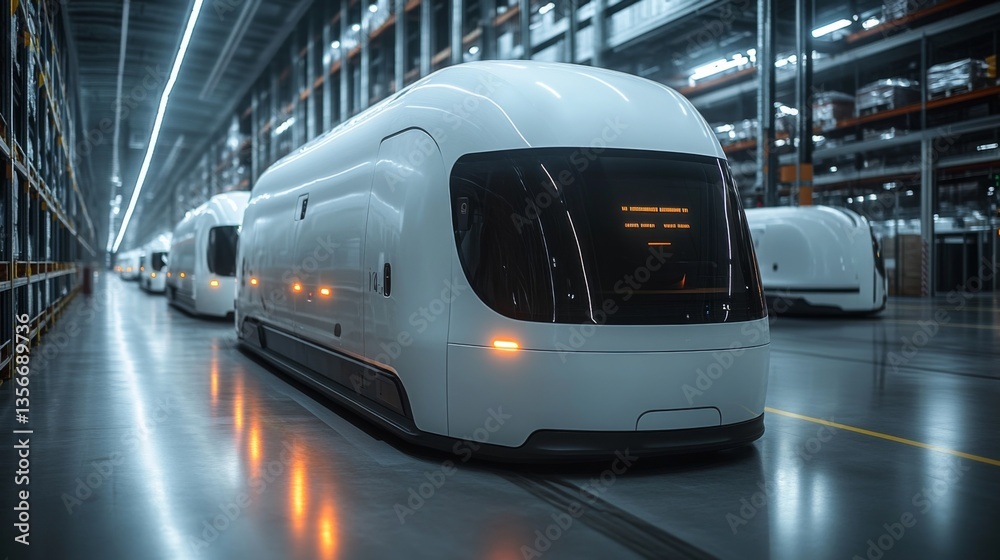 Poster Automated transport vehicles are lined up in a spacious warehouse designed for logistics, showcasing advanced technology for efficient shipping and inventory handling.