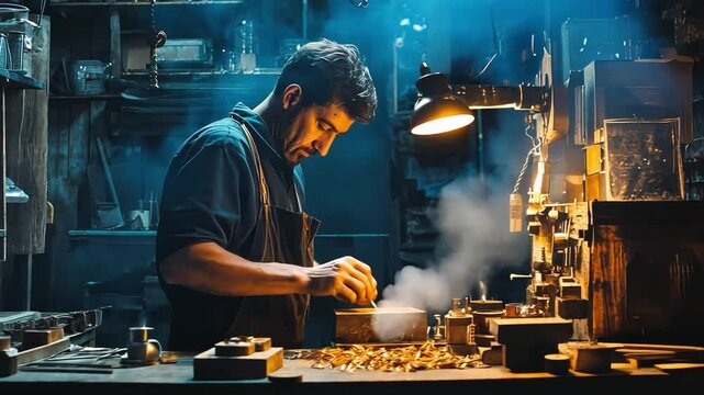 A goldsmith in a somber workshop, refining a gold pendant under ambient lighting.
