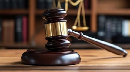 Gavel on Sound Block with Bookshelf and Scale of Justice Background