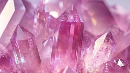 Fototapeta premium Close-up of lustrous pink quartz crystals with sharp points and translucent surfaces.