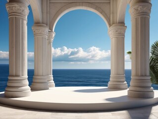Arcade and steps in ocean, sea - paradise view. White stone sculpture. Podium, pedestal for mockup design