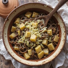 Pizzoccheri : A rustic dish of wide, dark buckwheat noodles tossed with tender potato chunks, wilted cabbage, and gooey melted cheese, served in an earthenware dish with a wooden spoon.