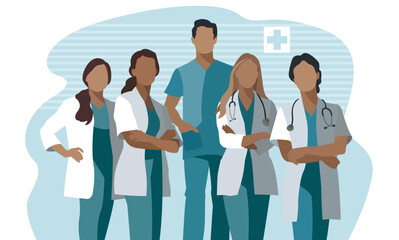 Obraz premium Healthcare. Medical team. Flat style vector illustration of a team of five doctors, nurses .