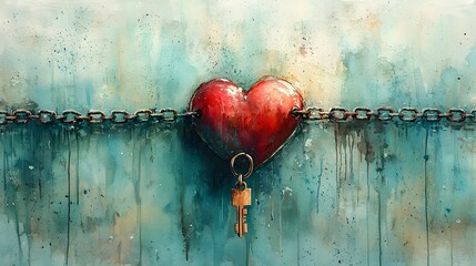 Chained Heart, Key, Watercolor, Abstract Background