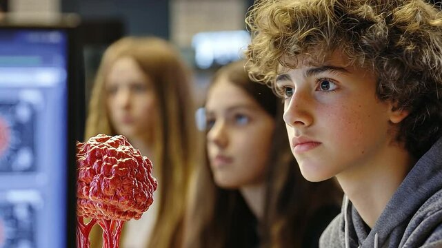 A high school biology class utilizing interactive digital models of cellular structures.