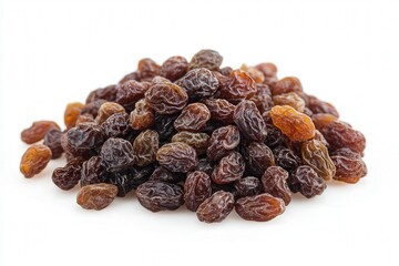 Close-up of a pile of dark raisins on a white background.